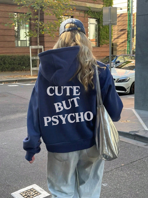 Ezwear sudadera holgada con grafico impreso "cute but psycho" de estilo minimalista casual, apta para otono e invierno
