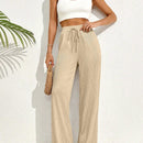 Pantalones casuales largos con textura de pliegues, pierna ancha y decoracion de cordon de ajuste