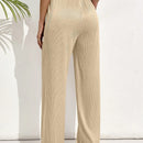 Pantalones casuales largos con textura de pliegues, pierna ancha y decoracion de cordon de ajuste
