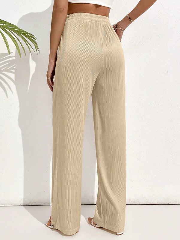 Pantalones casuales largos con textura de pliegues, pierna ancha y decoracion de cordon de ajuste
