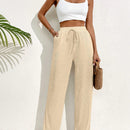 Pantalones casuales largos con textura de pliegues, pierna ancha y decoracion de cordon de ajuste