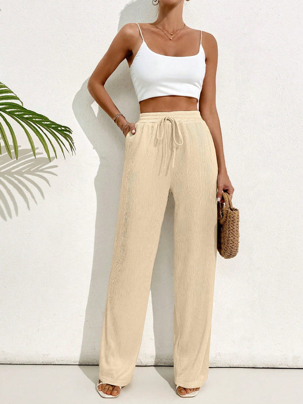 Pantalones casuales largos con textura de pliegues, pierna ancha y decoracion de cordon de ajuste