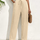 Pantalones casuales largos con textura de pliegues, pierna ancha y decoracion de cordon de ajuste