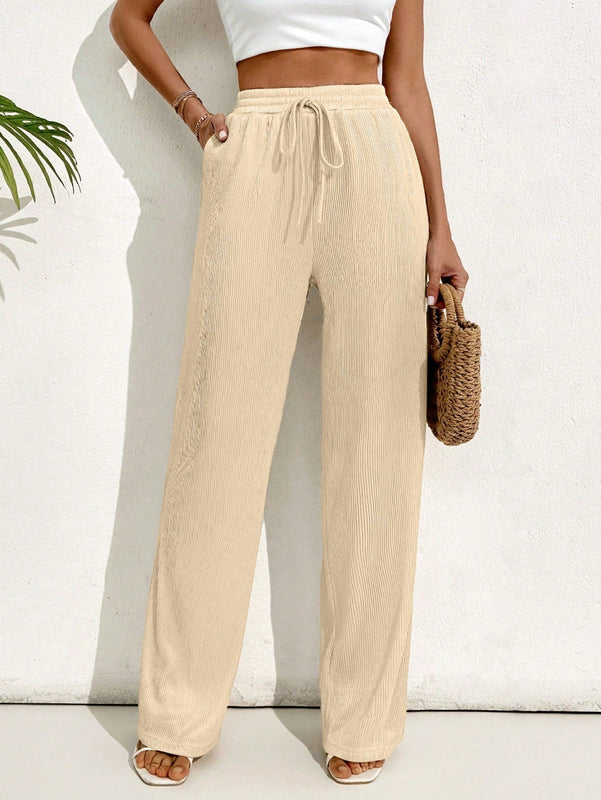 Pantalones casuales largos con textura de pliegues, pierna ancha y decoracion de cordon de ajuste