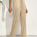 Pantalones casuales largos con textura de pliegues, pierna ancha y decoracion de cordon de ajuste