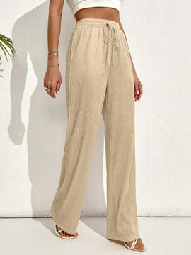 Pantalones casuales largos con textura de pliegues, pierna ancha y decoracion de cordon de ajuste