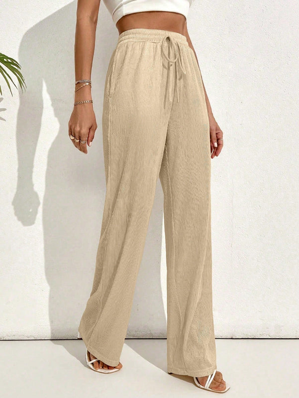 Pantalones casuales largos con textura de pliegues, pierna ancha y decoracion de cordon de ajuste