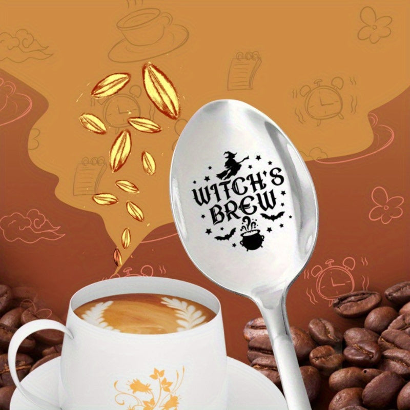 Cuchara de Acero Inoxidable Grabada de Brebaje de Bruja, 1pc - Revolvedor de Café y Chocolate Caliente, Perfecto para Regalos de Halloween, Acción de Gracias, Navidad