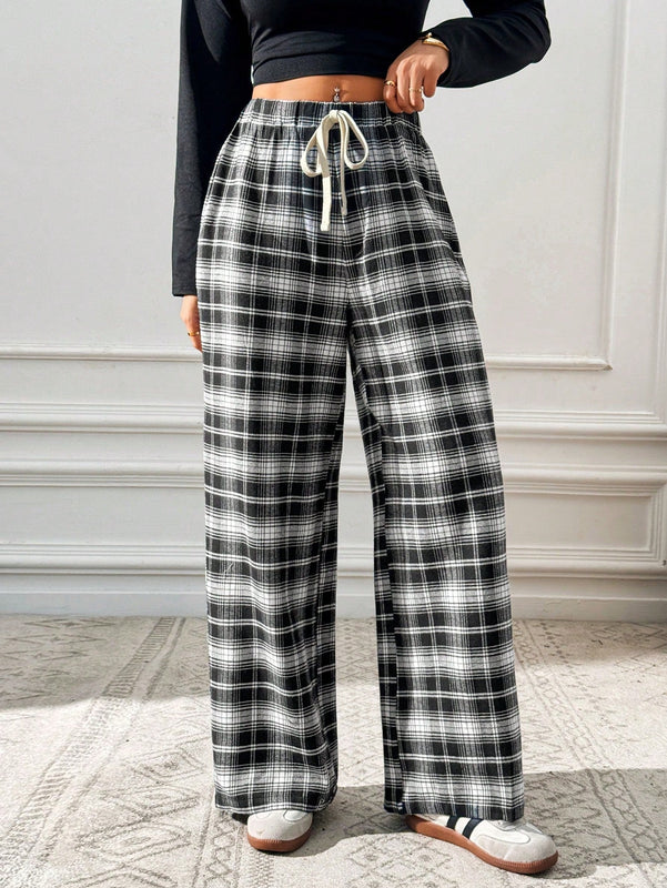 Essnce pantalones rectos y holgados con cintura de cordon a cuadros para mujer
