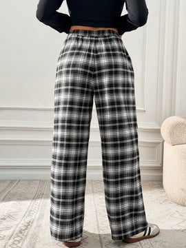 Essnce pantalones rectos y holgados con cintura de cordon a cuadros para mujer