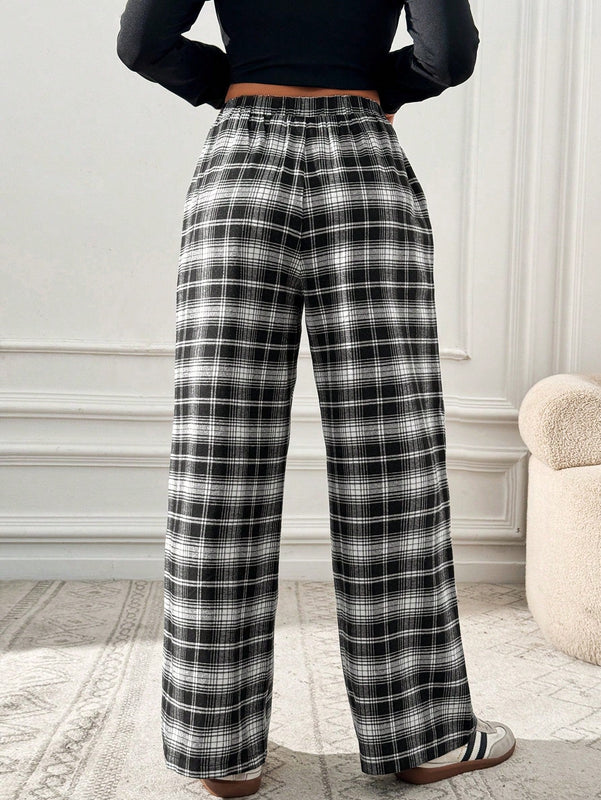 Essnce pantalones rectos y holgados con cintura de cordon a cuadros para mujer