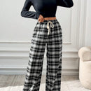 Essnce pantalones rectos y holgados con cintura de cordon a cuadros para mujer