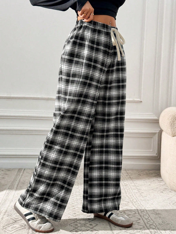Essnce pantalones rectos y holgados con cintura de cordon a cuadros para mujer