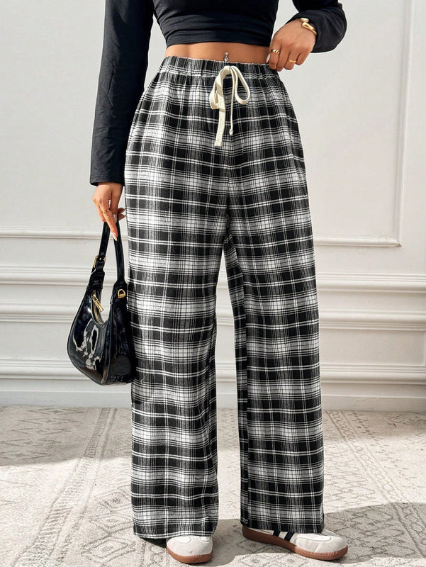 Essnce pantalones rectos y holgados con cintura de cordon a cuadros para mujer