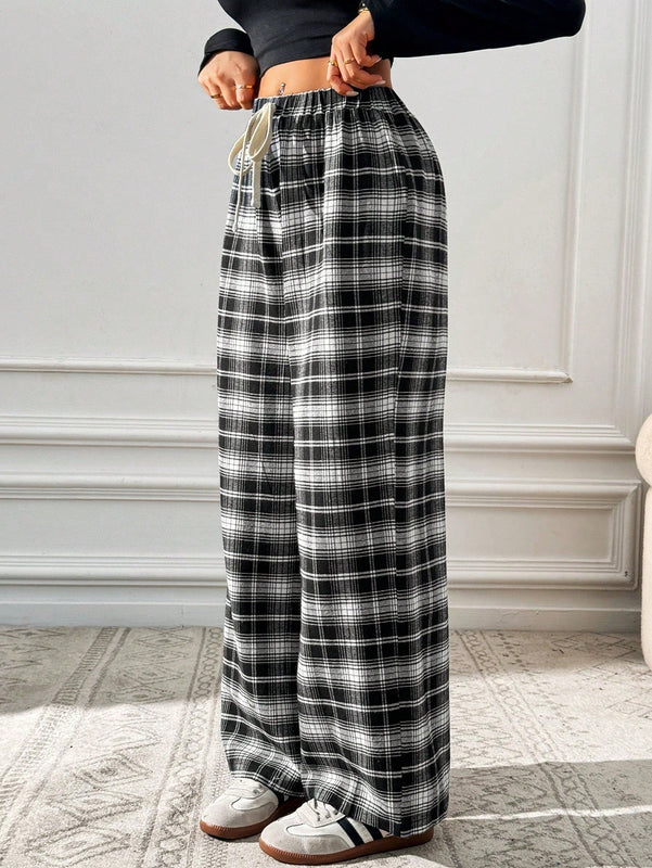 Essnce pantalones rectos y holgados con cintura de cordon a cuadros para mujer