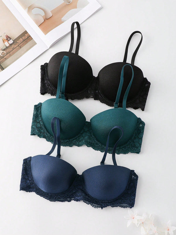 Underwear&sleepwear basics juego de lenceria de 3 piezas/set de sujetador de contraste de encaje de unicolor para mujer