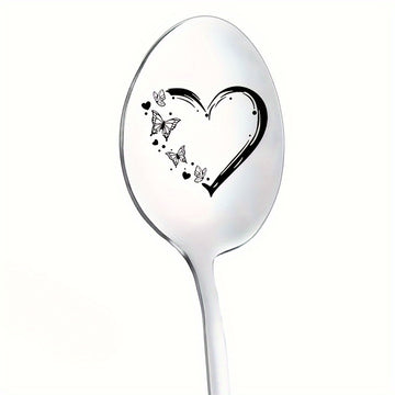 1 cuchara de acero inoxidable pulido con acabado de espejo y grabado - Cuchara de café, helado y regalo con diseño de corazón y mariposas - Ideal para enamorados, día del padre, cumpleaños, aniversario, día de la madre