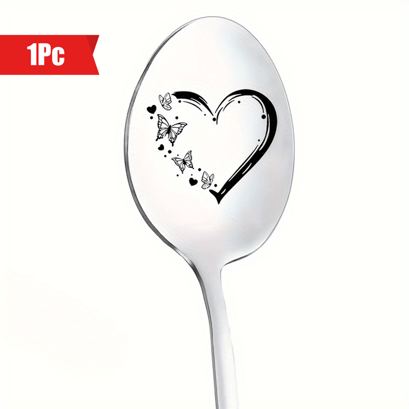 1 cuchara de acero inoxidable pulido con acabado de espejo y grabado - Cuchara de café, helado y regalo con diseño de corazón y mariposas - Ideal para enamorados, día del padre, cumpleaños, aniversario, día de la madre