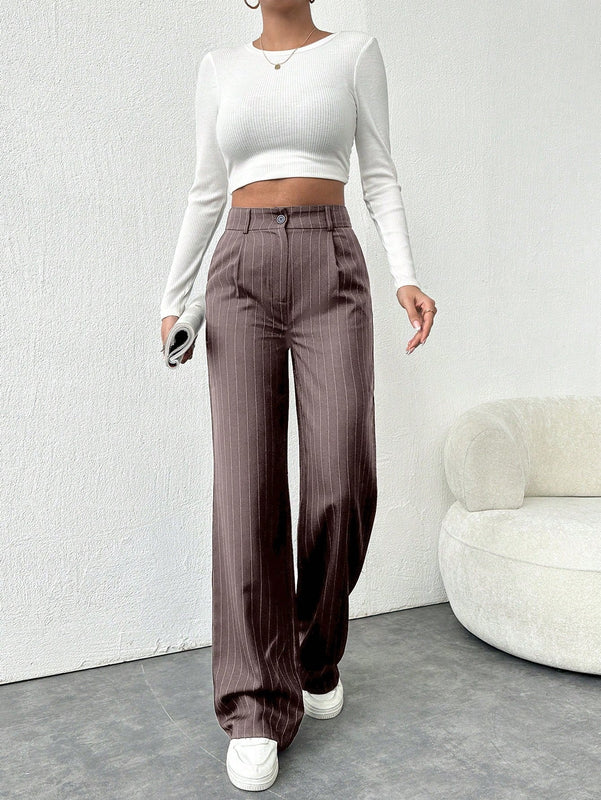 Tall pantalones sueltos de traje a rayas con botones delanteros, uso casual de todos los dias