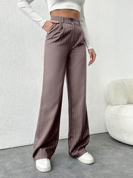 Tall pantalones sueltos de traje a rayas con botones delanteros, uso casual de todos los dias