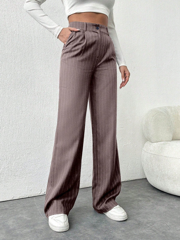 Tall pantalones sueltos de traje a rayas con botones delanteros, uso casual de todos los dias