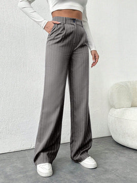 Tall pantalones sueltos de traje a rayas con botones delanteros, uso casual de todos los dias