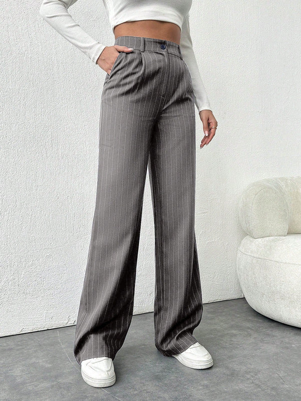 Tall pantalones sueltos de traje a rayas con botones delanteros, uso casual de todos los dias