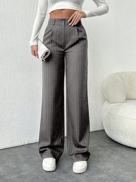 Tall pantalones sueltos de traje a rayas con botones delanteros, uso casual de todos los dias