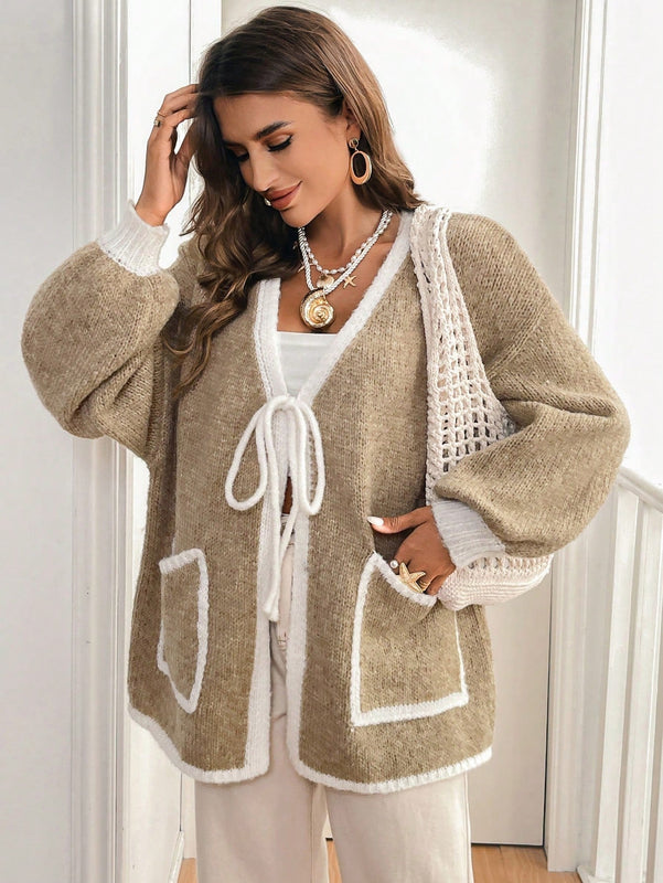 Frenchy blusa minimalista de manga larga con bolsillo y detalle de color contrastante en los bordes con lazo frontal para mujer