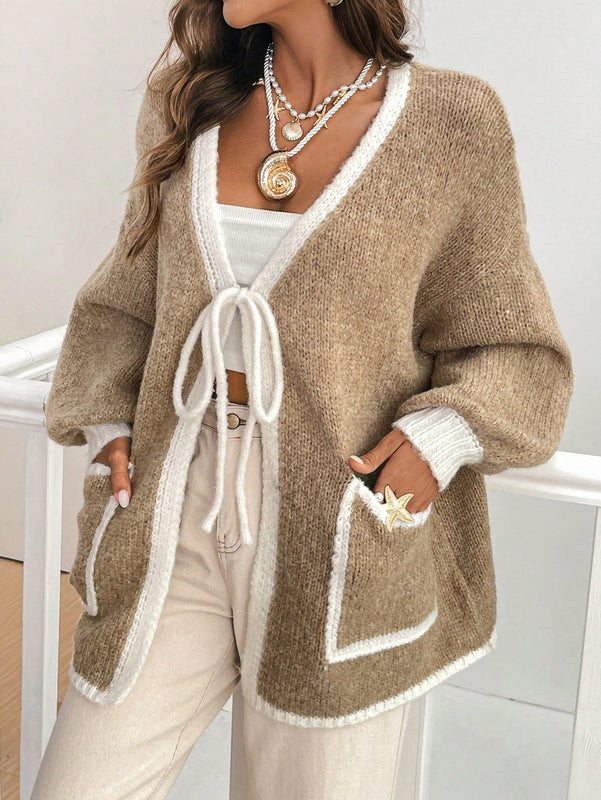 Frenchy blusa minimalista de manga larga con bolsillo y detalle de color contrastante en los bordes con lazo frontal para mujer