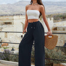 Mujeres pantalones rojos palazzo de pierna ancha con cintura elastica 339