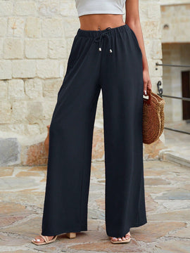 Mujeres pantalones rojos palazzo de pierna ancha con cintura elastica 339
