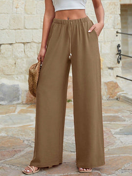 Mujeres pantalones rojos palazzo de pierna ancha con cintura elastica 339
