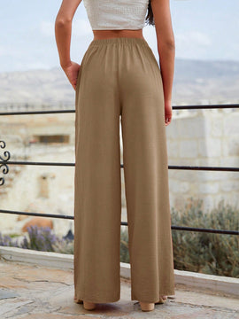 Pantalones anchos de pierna ancha color rojo para mujeres con cintura elastica 339