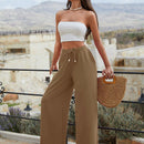 Mujeres pantalones rojos palazzo de pierna ancha con cintura elastica 339
