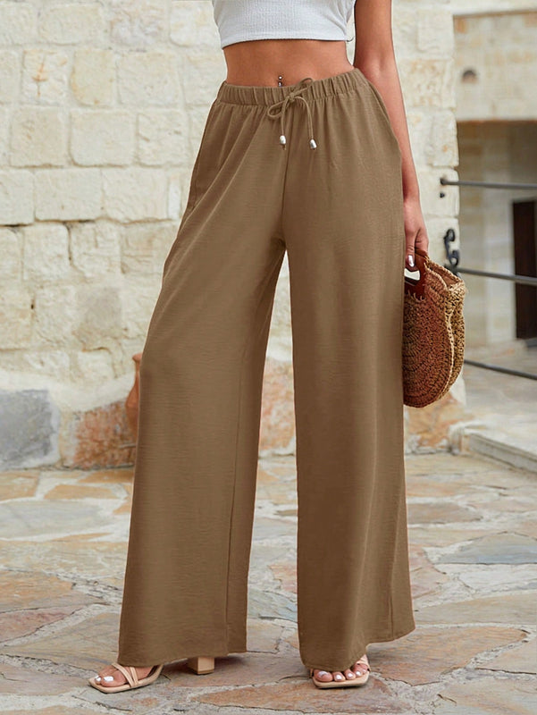 Mujeres pantalones rojos palazzo de pierna ancha con cintura elastica 339
