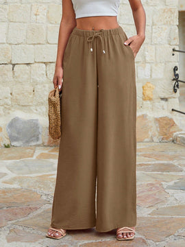 Mujeres pantalones rojos palazzo de pierna ancha con cintura elastica 339