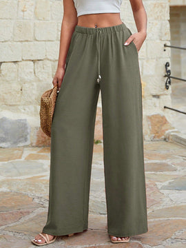 Mujeres pantalones rojos palazzo de pierna ancha con cintura elastica 339