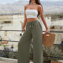 Mujeres pantalones rojos palazzo de pierna ancha con cintura elastica 339