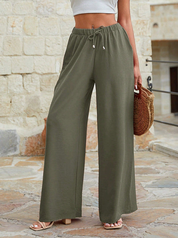 Mujeres pantalones rojos palazzo de pierna ancha con cintura elastica 339