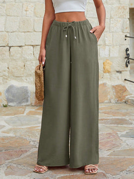 Mujeres pantalones rojos palazzo de pierna ancha con cintura elastica 339