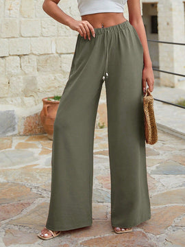 Mujeres pantalones rojos palazzo de pierna ancha con cintura elastica 339