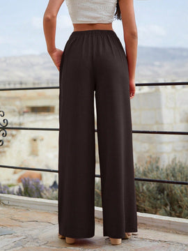 Mujeres pantalones rojos palazzo de pierna ancha con cintura elastica 339