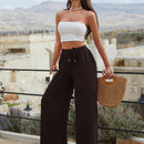 Mujeres pantalones rojos palazzo de pierna ancha con cintura elastica 339