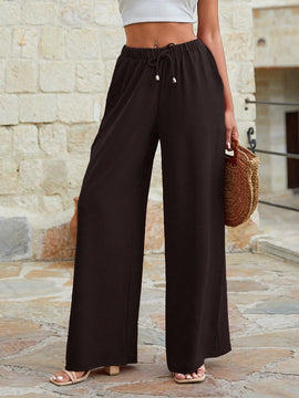 Mujeres pantalones rojos palazzo de pierna ancha con cintura elastica 339