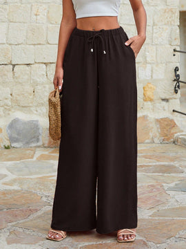 Mujeres pantalones rojos palazzo de pierna ancha con cintura elastica 339
