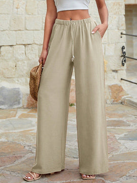 Mujeres pantalones rojos palazzo de pierna ancha con cintura elastica 339