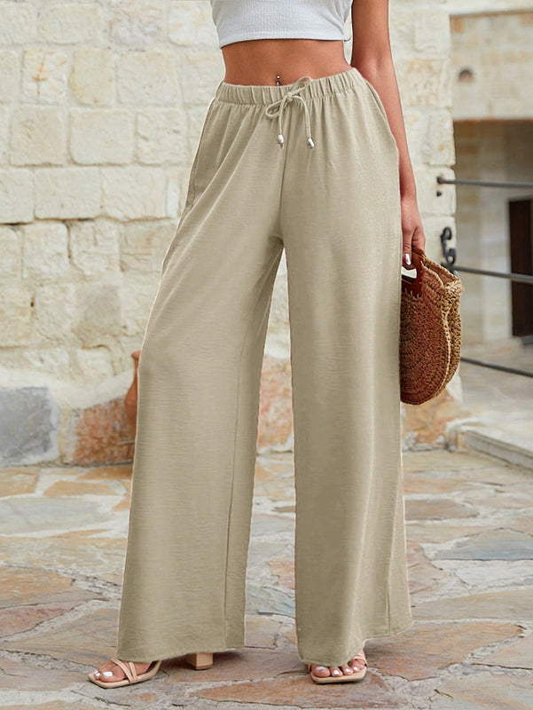 Mujeres pantalones rojos palazzo de pierna ancha con cintura elastica 339