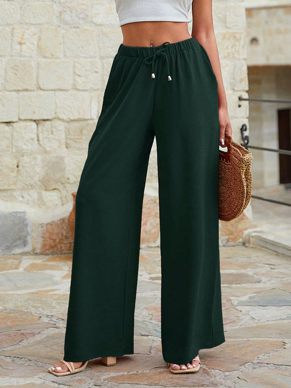 Mujeres pantalones rojos palazzo de pierna ancha con cintura elastica 339