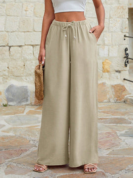 Mujeres pantalones rojos palazzo de pierna ancha con cintura elastica 339